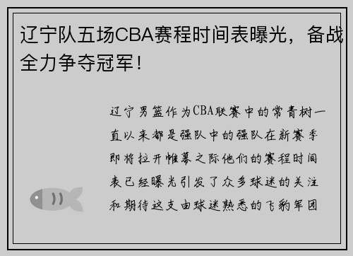 辽宁队五场CBA赛程时间表曝光，备战全力争夺冠军！
